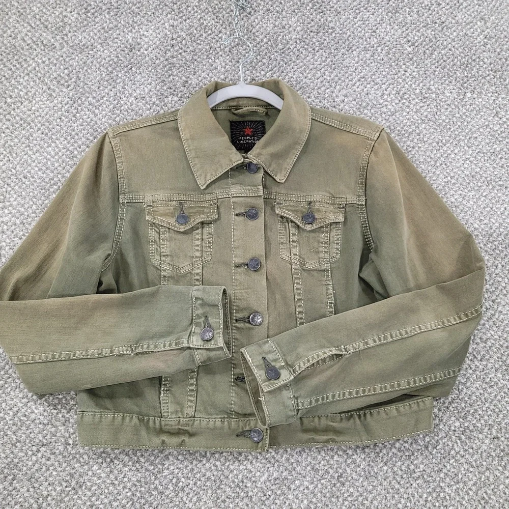 People's Liberation Womens Olive Green Denim Utility Jacket Size L Star Detail